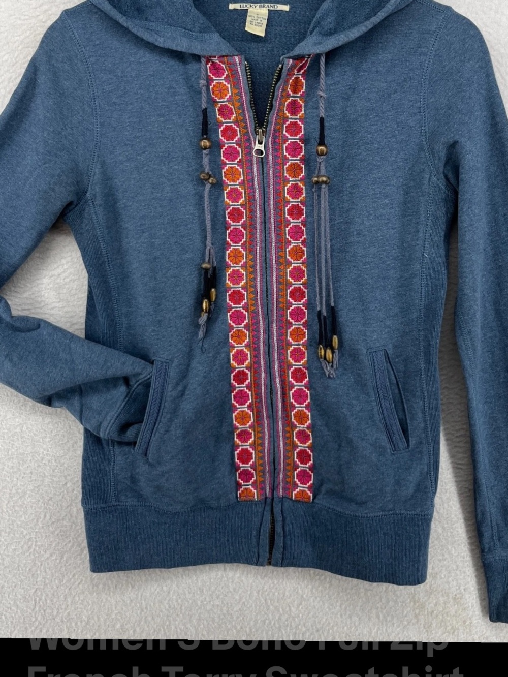 Lucky Brand Denim Blue Zip-Up Hoodie with Pink and Orange Embroidered Trim